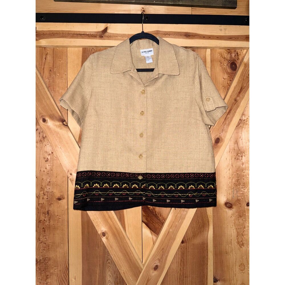 Alfred Dunner Tan Embroidered Hem Button Up Shirt Womens 14P Folkloric Coastal